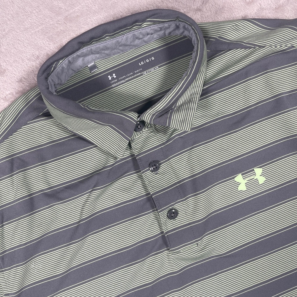 Under Armour Polo HeatGear Mens Large Grey Lime Green Striped Short Sleeve Shirt